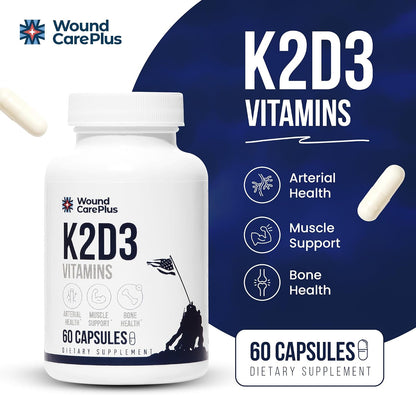 Wound Care Plus Vitamin K2 + D3 Supplement – – Heart Health: By activating MGP, vitamin K2 may help maintain – Image 2