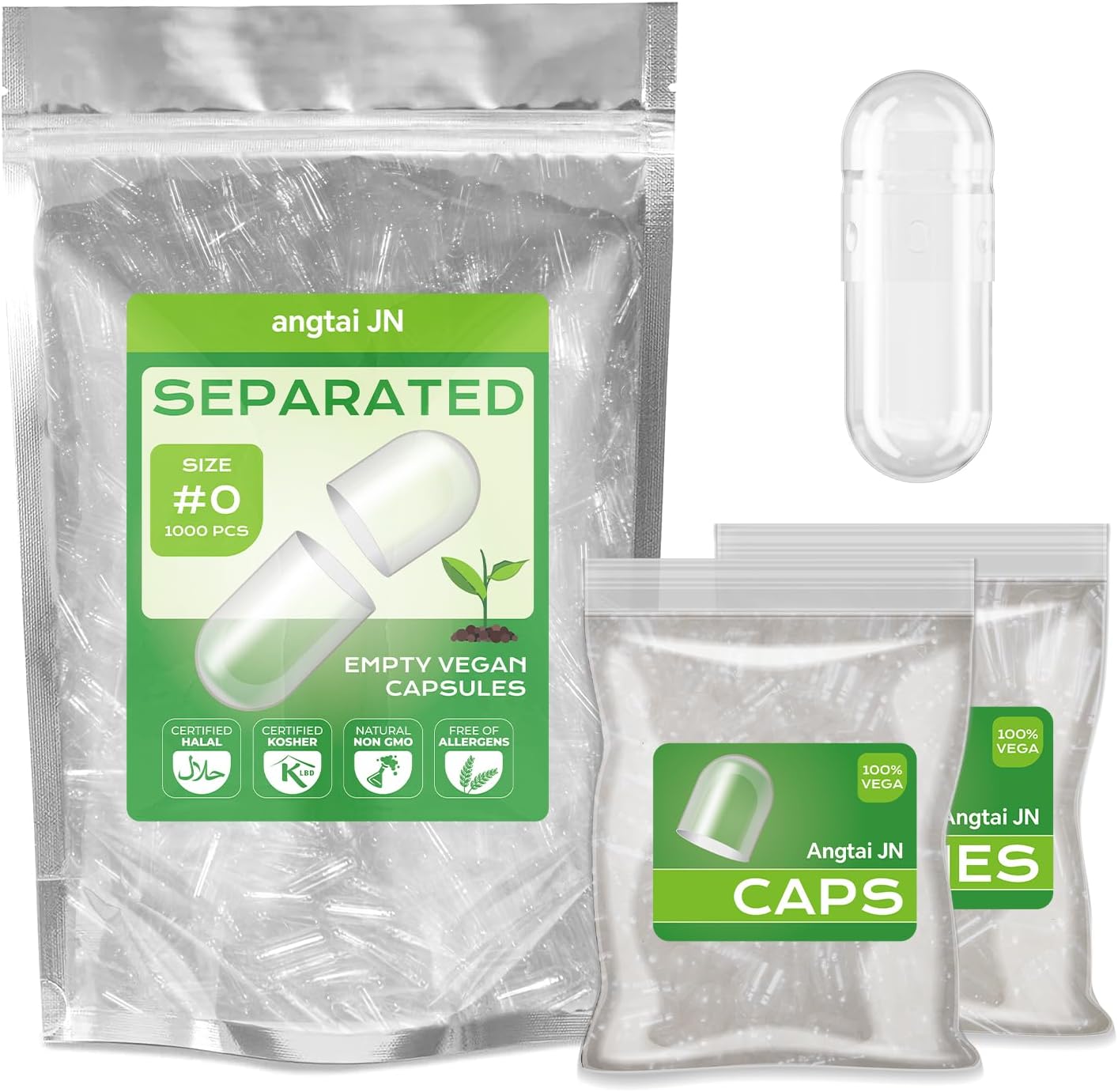 Vegan Size 0 Separated Capsules Empty Pill Caps Plant Based Clear (1,000 Caps + 1,000 Bodies) - görsel 1