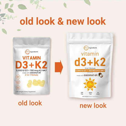 Micro Ingredients Vitamin D3 5,000 IU + K2 MK-7 100 mcg, 300 Softgels | Virgin Coconut Oil | 2-in-1 Support | Easy to Swallow, Non-GM