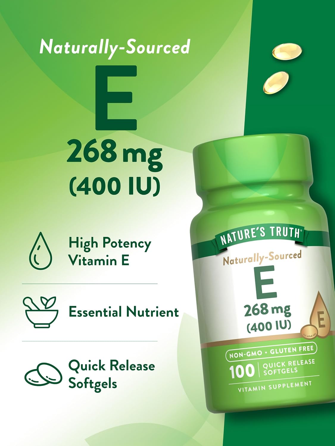 Nature's Truth Vitamin E 400 IU Softgels | 268mg | 100 Count | Non-GM & Gluten free Supplement - görsel 5