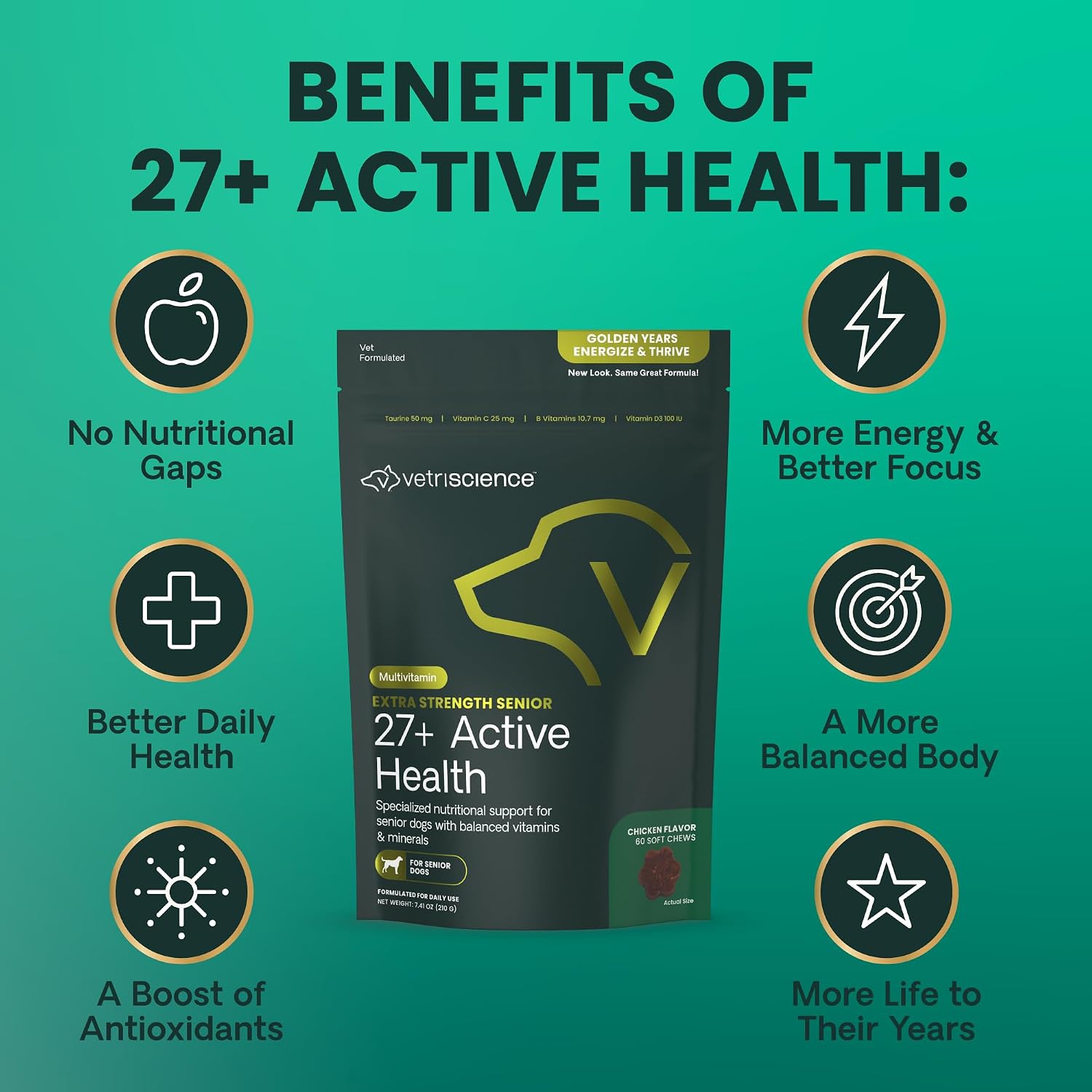 VetriScience Extra Strength Senior 27+ Active Health Chews, Golden Years Daily Multivitamin for Senior Dogs, Balanced Vitamins, Minerals, and Omega-3s, Ageing and Wellbeing Support, Chicken, 60 Count - görsel 5