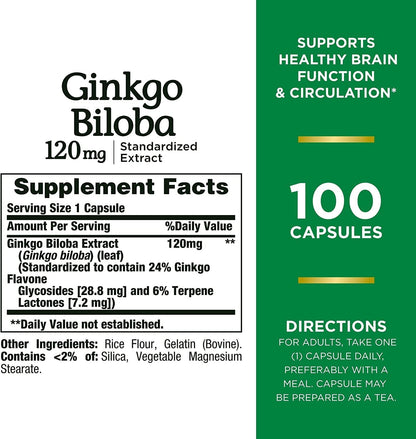 Nature's Bounty Ginkgo Biloba 120 mg, 100 Capsules
