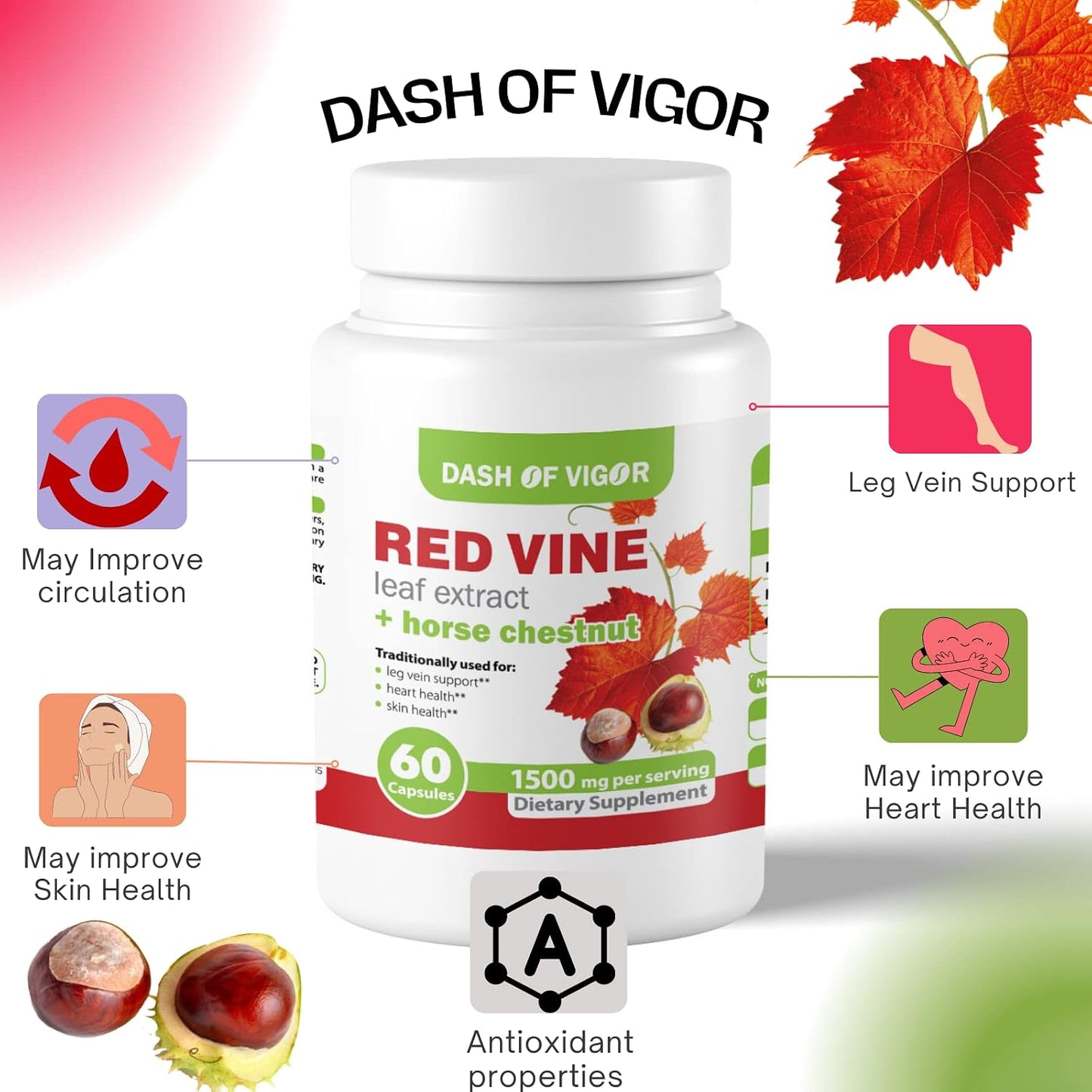 Dash of Vigour Red Vine Leaf Extract (Vitis vinifera) and Horse Chestnut Seed Extract, 1500 mg, 60 Capsules - görsel 3
