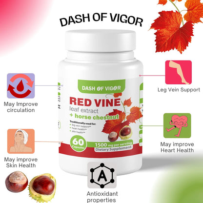 Dash of Vigour Red Vine Leaf Extract (Vitis vinifera) and Horse Chestnut Seed Extract, 1500 mg, 60 Capsules