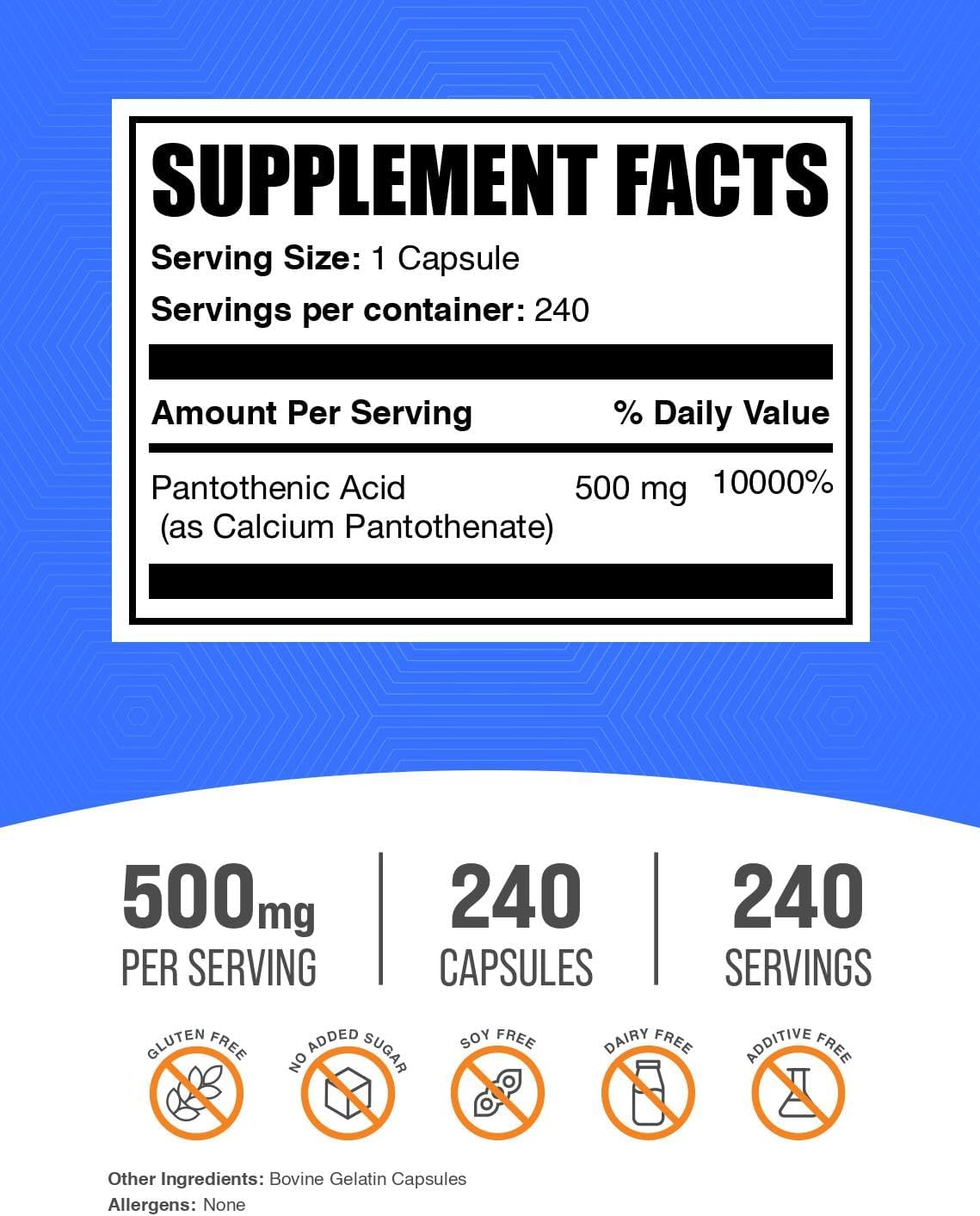 Vitamin B5 (Pantothenic Acid) 500 mg Capsules - 240 Count - görsel 2