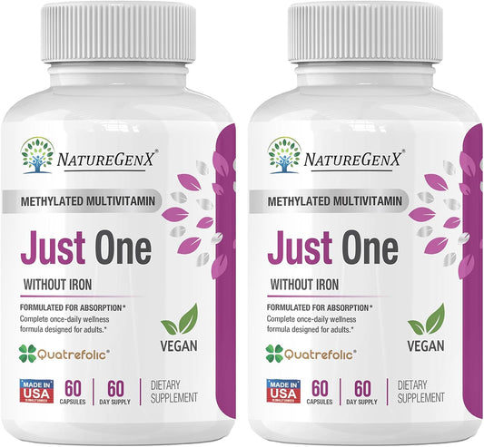 NatureGenX Just One Daily Methylated Multivitamin - Iron-Free, Methyl B12 & Quatrefolic Methylfolate, 120 Vegan Capsules – Image 1