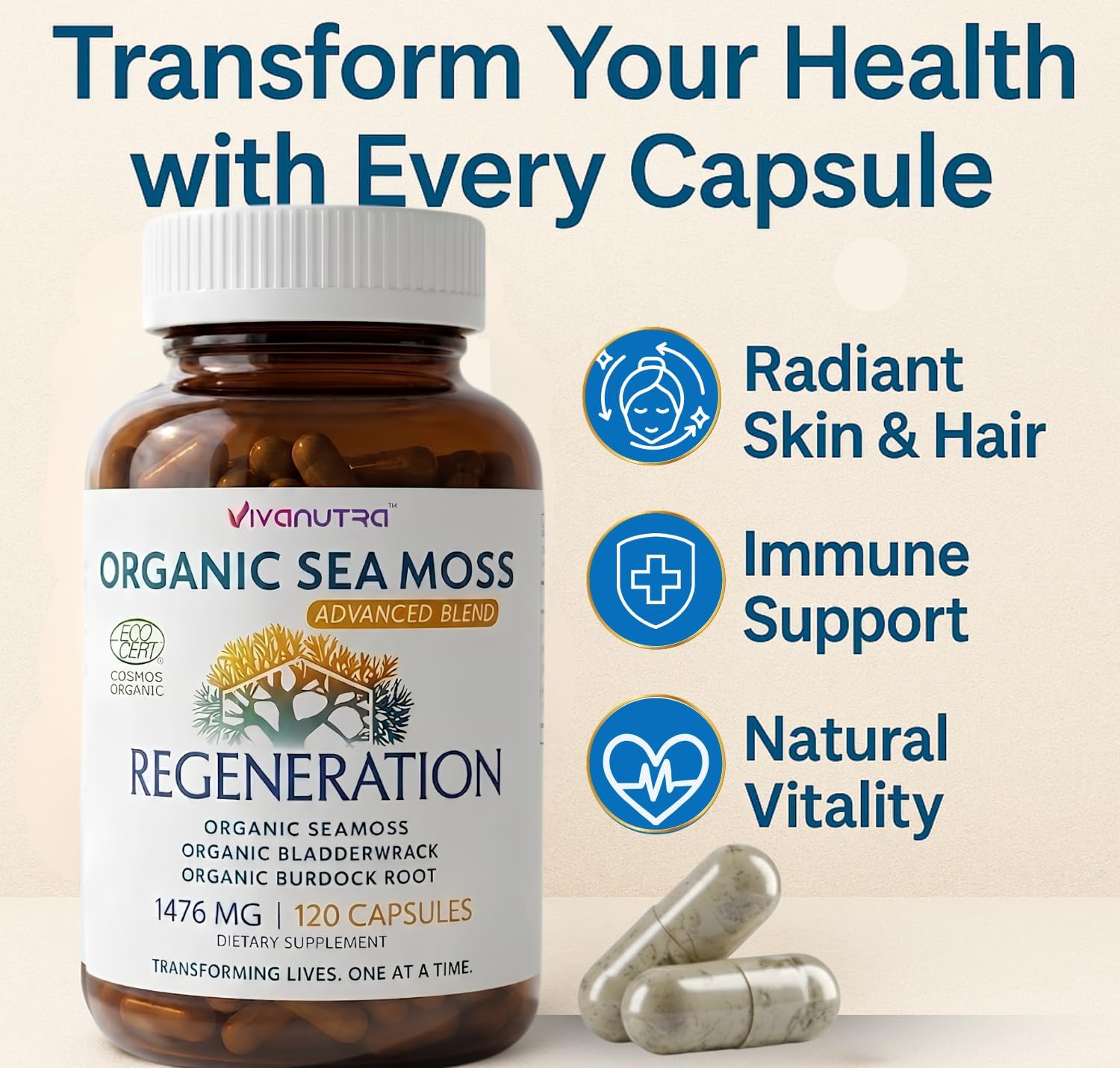VIVANUTRA Organic Wildcrafted Sea Moss Capsules, 1476mg, 120ct - görsel 3
