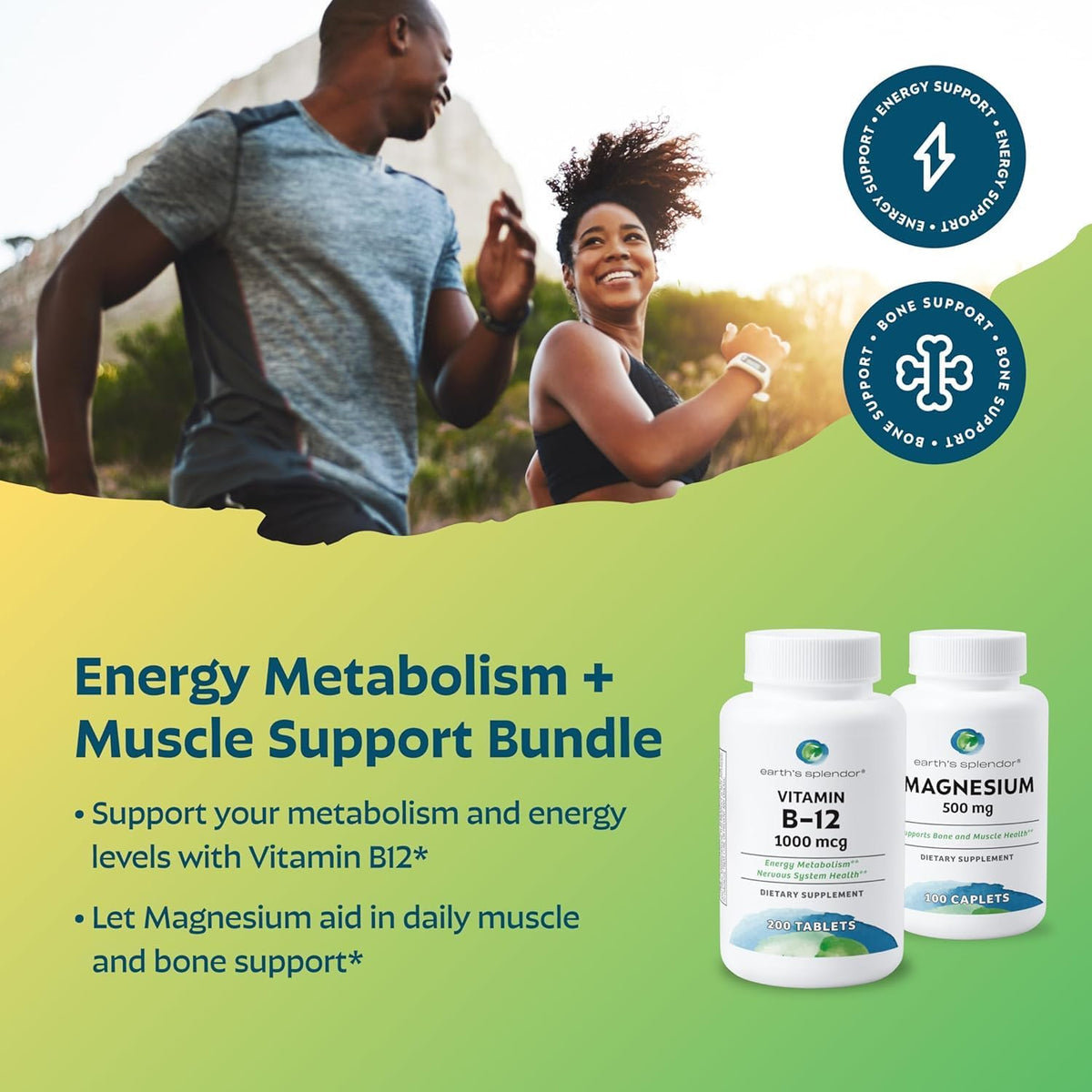 Earth's Splendor Energy + Muscle Support: Vitamin B12 (1000 mcg) and Magnesium (500 mg) Supplement – Image 2