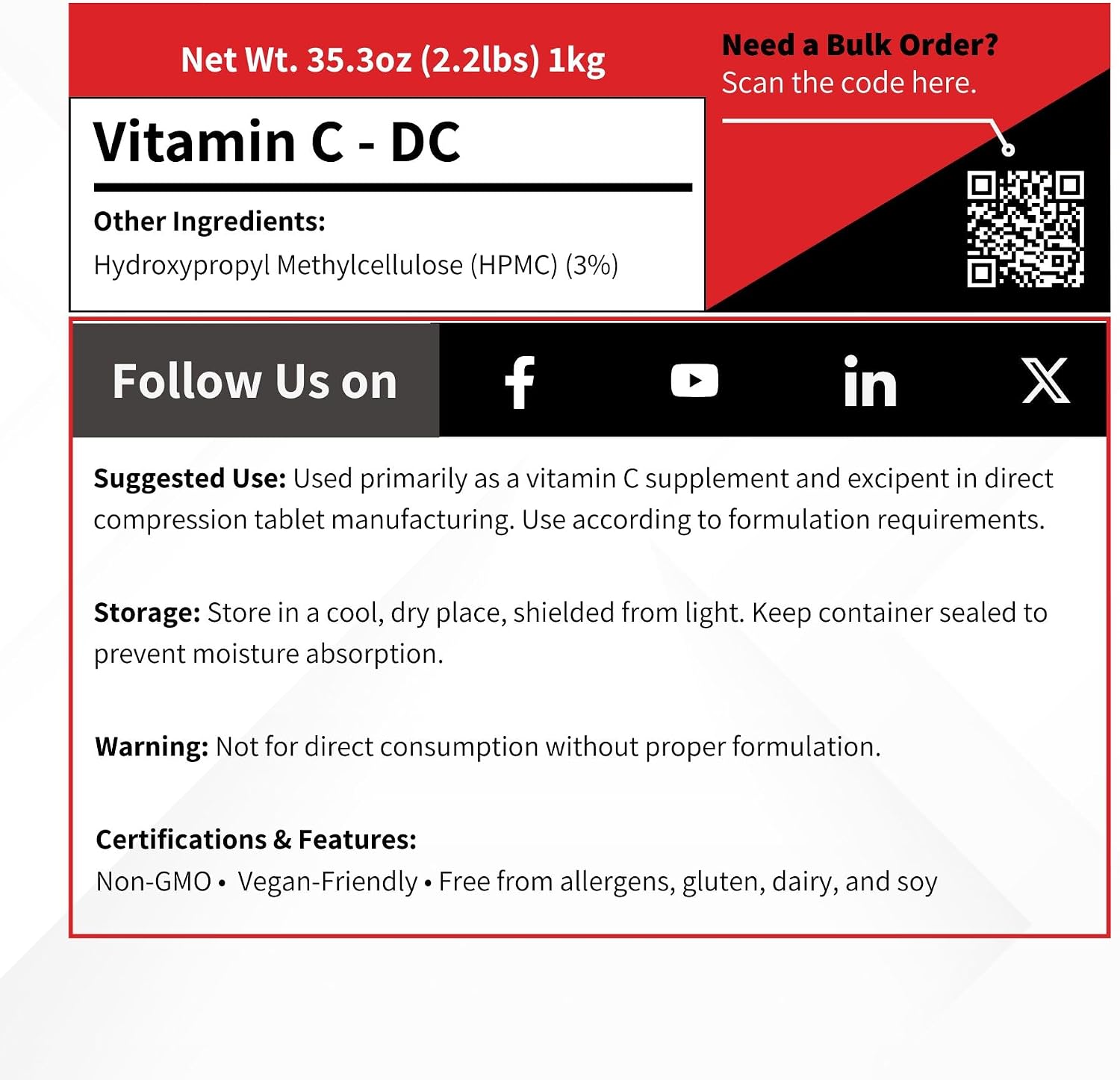 Vitamin C DC Powder - 1 kg - Ascorbic Acid & HPMC Blend - Tablet Binder Direct Compression Excipient - Pure Antioxidant - USP/FCC/BP/PH-EUR - görsel 5