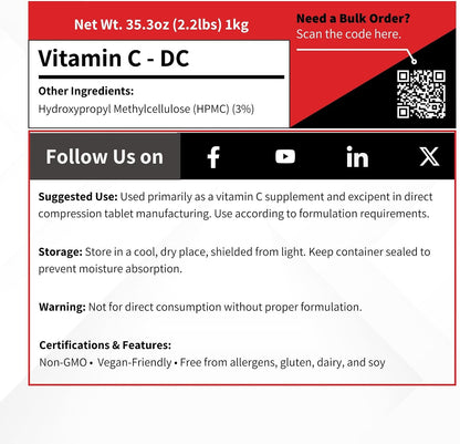 Vitamin C DC Powder - 1 kg - Ascorbic Acid & HPMC Blend - Tablet Binder Direct Compression Excipient - Pure Antioxidant - USP/FCC/BP/PH-EUR