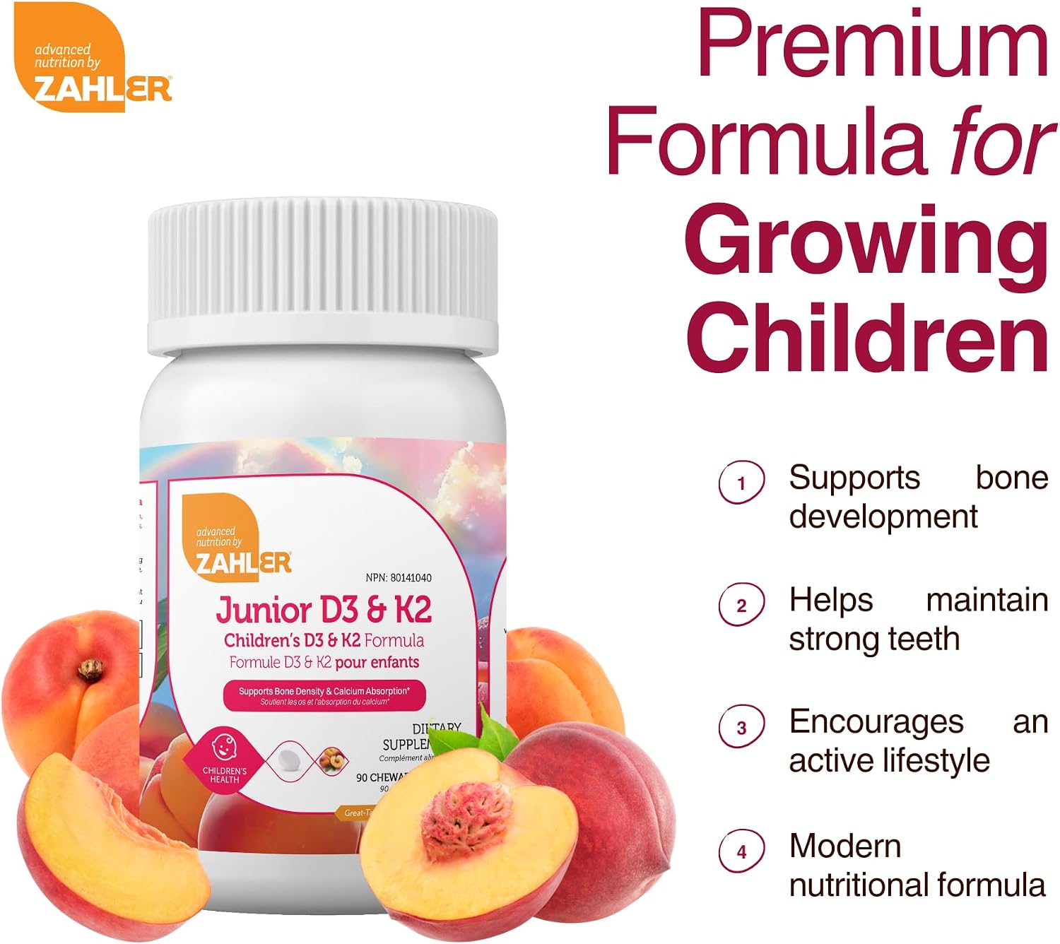 Zahler Junior D3 & K2 - Peach Apricot - 90 Chewable Tablets for Kids Bone & Immune Support - görsel 4