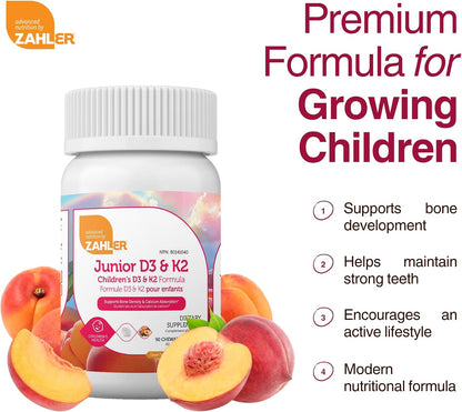 Zahler Junior D3 & K2 - Peach Apricot - 90 Chewable Tablets for Kids Bone & Immune Support