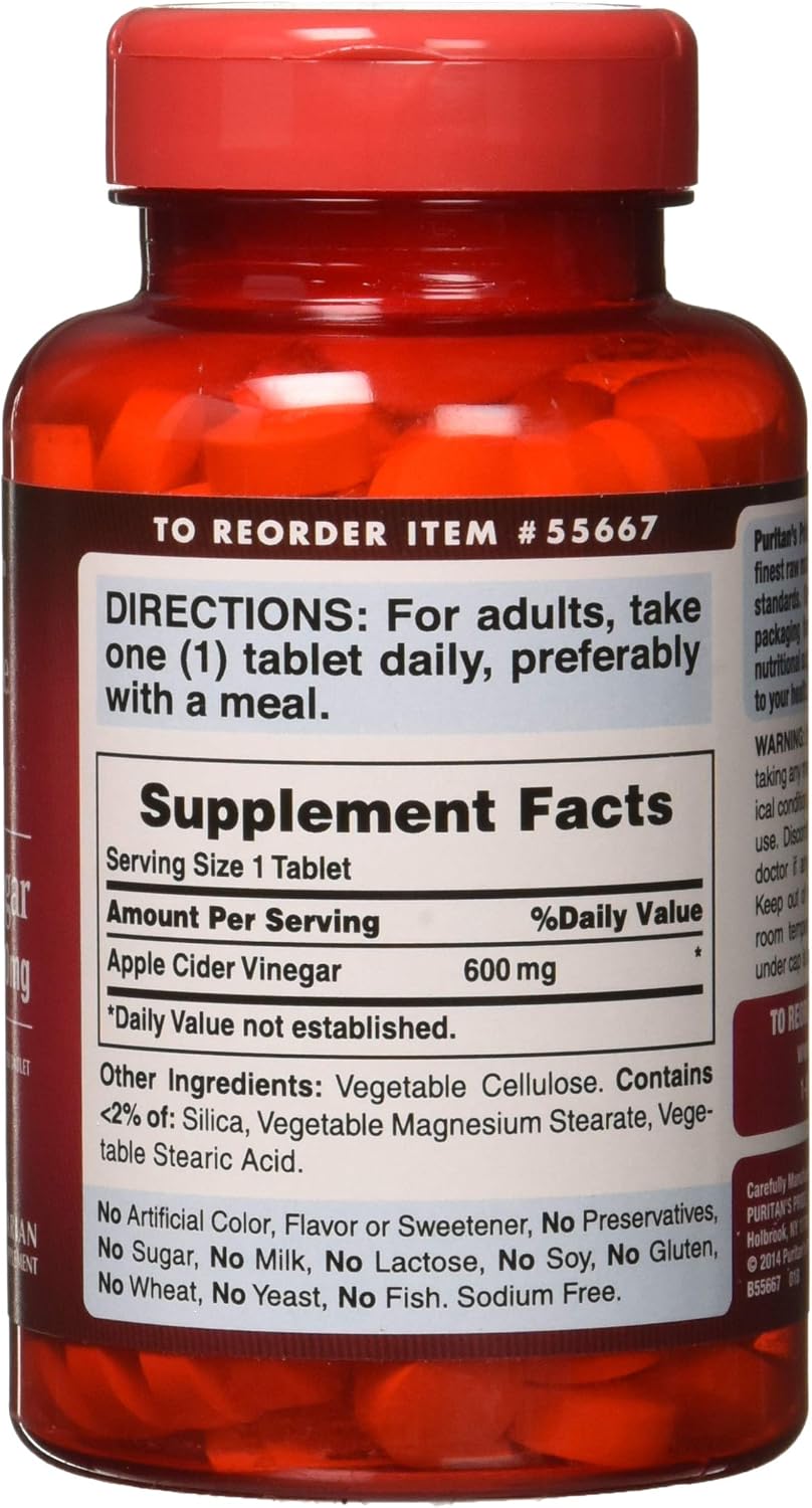 Puritan's Pride Apple Cider Vinegar 600 mg, Vegetarian Dietary Supplement, 200 Tablets – Image 3