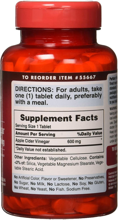 Puritan's Pride Apple Cider Vinegar 600 mg, Vegetarian Dietary Supplement, 200 Tablets – Image 3