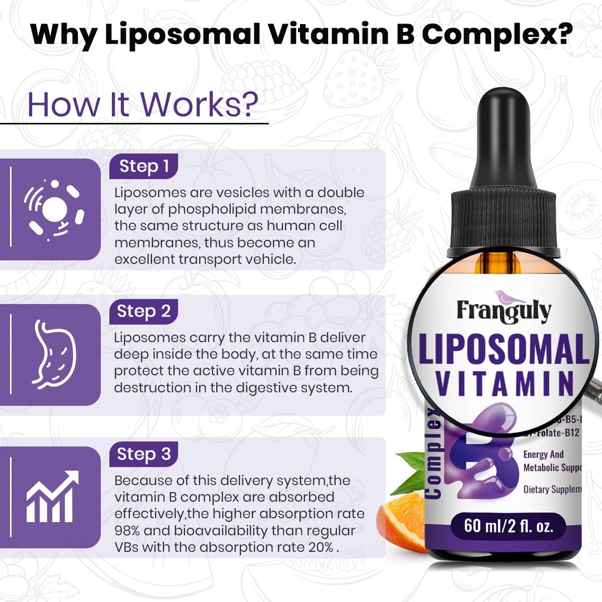 Liposomal Vitamin B Complex Liquid with Methylated B12, B1, B2, B3, B5, B6, Folate, Biotin - Energy & Immune Support, 240 mL - görsel 9
