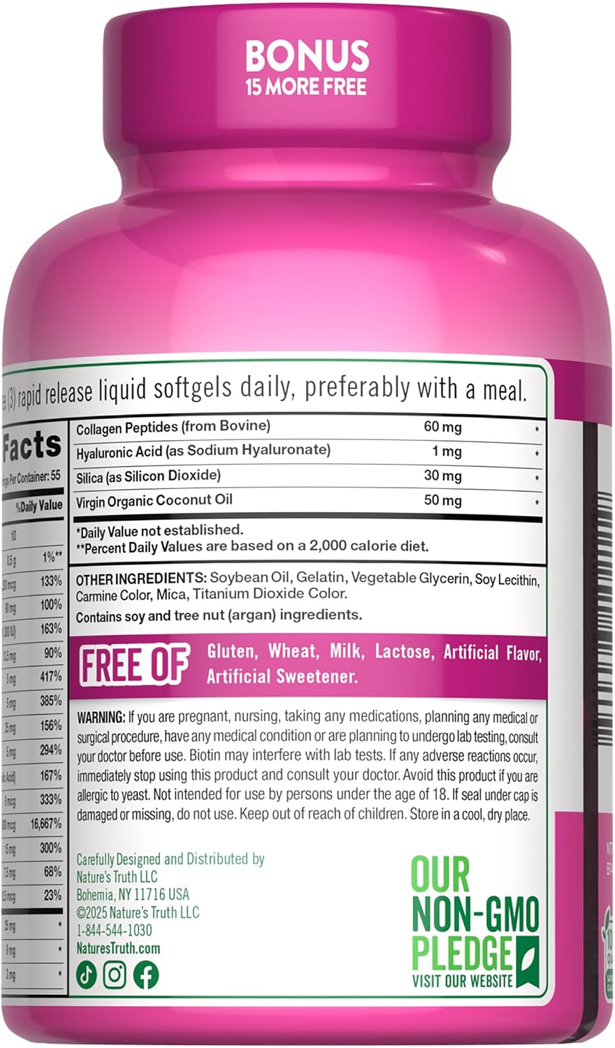 Nature's Truth Hair, Skin & Nails Vitamin | 5000mcg Biotin | 165 Softgels | with Collagen | Non-GM & Gluten free Supplement - görsel 7