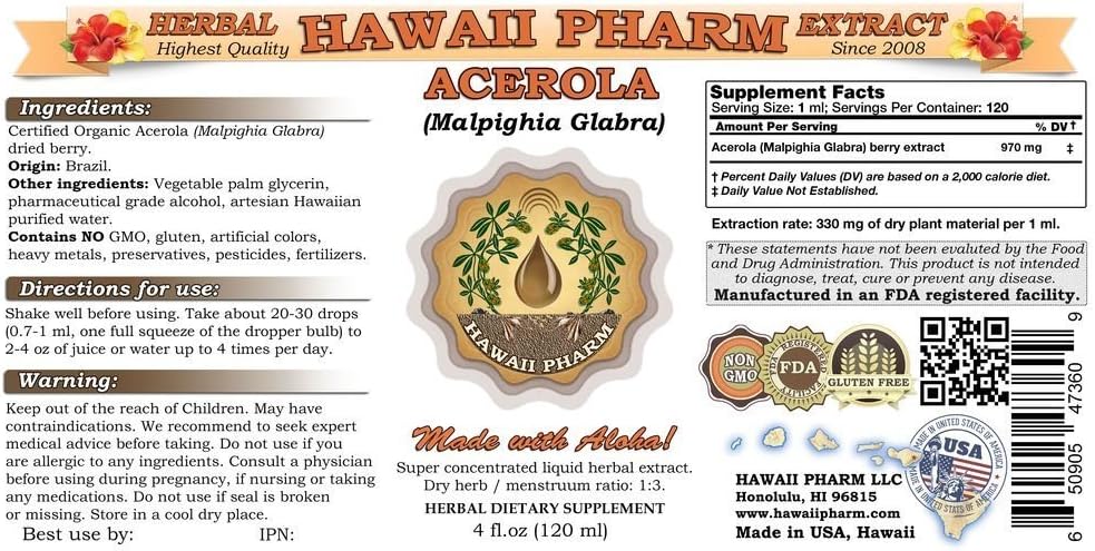 Hawaii Pharm Acerola Liquid Extract – Dried Berry Powder Tincture (15 x 118 mL) - görsel 2