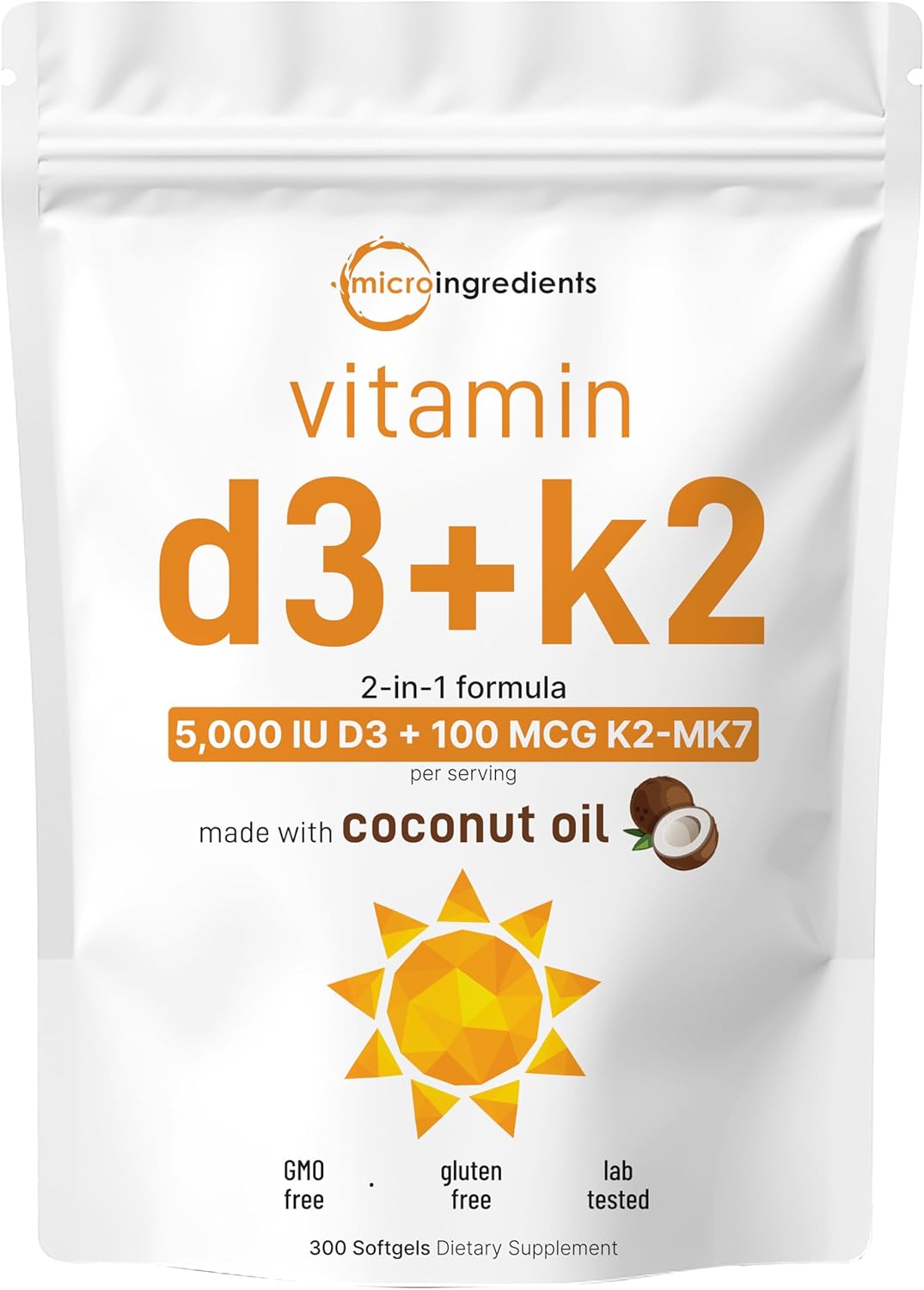 Micro Ingredients Vitamin D3 5,000 IU + K2 MK-7 100 mcg, 300 Softgels | Virgin Coconut Oil | 2-in-1 Support | Easy to Swallow, Non-GM - görsel 1