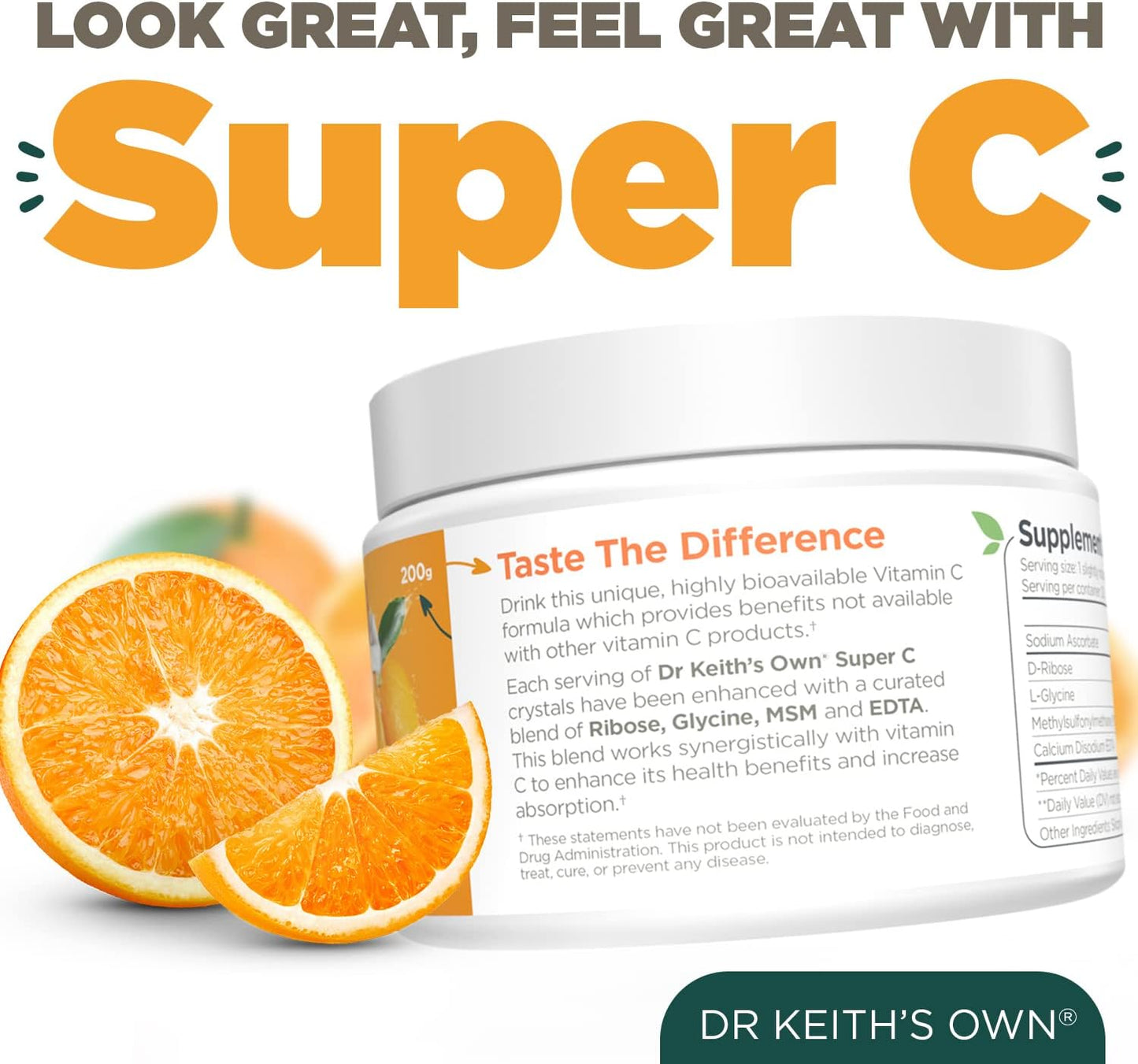 Dr. Keith's Own Super C - High Dose Powdered Vitamin C 4000mg with D-Ribose, Glycine, MSM - Unflavoured, 200 Grams (30 Servings) - görsel 5