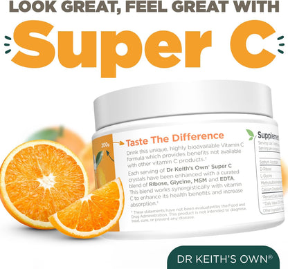 Dr. Keith's Own Super C - High Dose Powdered Vitamin C 4000mg with D-Ribose, Glycine, MSM - Unflavoured, 200 Grams (30 Servings)