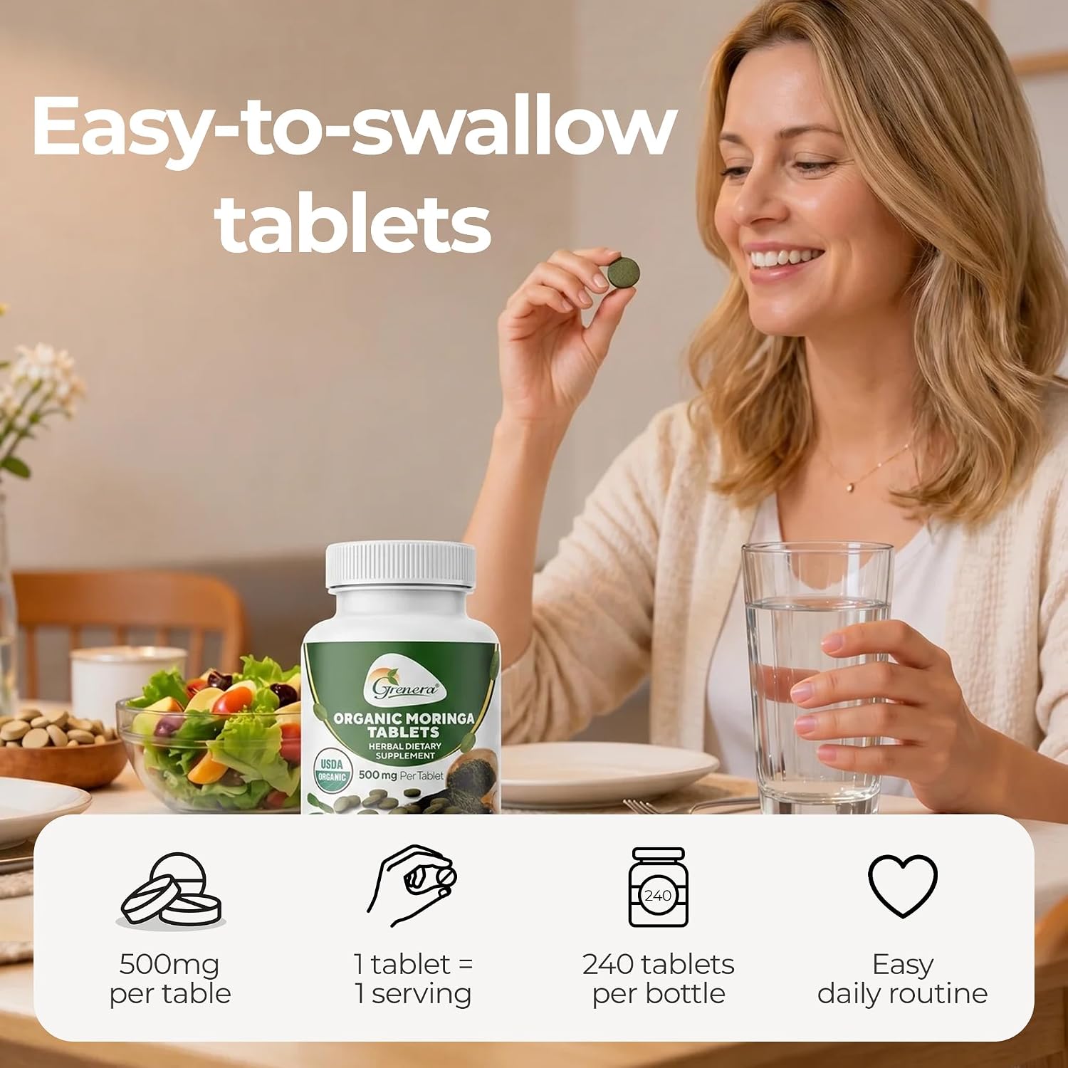 Grenera Organic Moringa Tablets - USDA Organic, 500mg, 240 Tablets - görsel 5