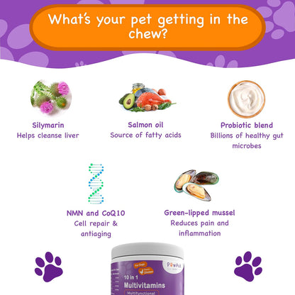 PawPuk Paws Multifunctional Dog Supplements - Silymarin, Glucosamine, MSM, Green Lipped Mussel, Salmon Oil, Probiotics, Co-Q10, NMN - Immune, Joint, Skin & Digestive Support