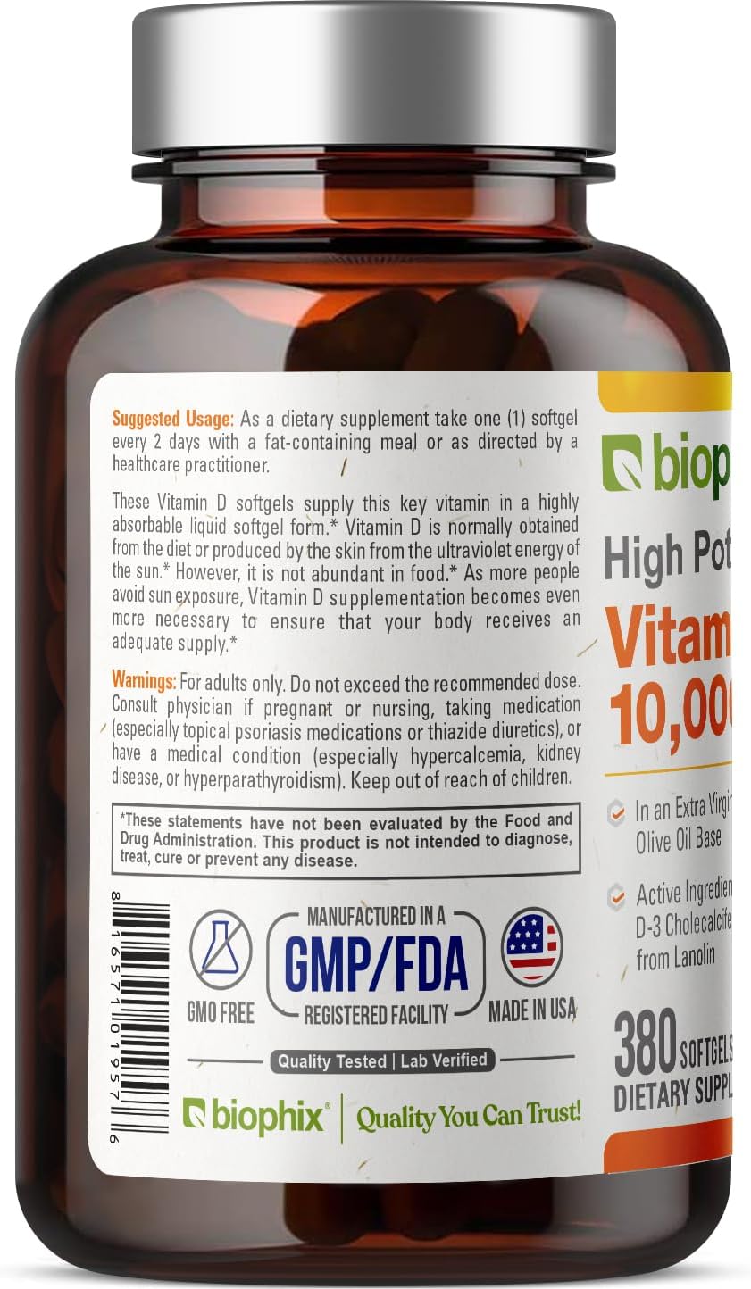 biophix Vitamin D3 10000 IU 380 Softgels - High Potency with Extra Virgin Olive Oil - görsel 3