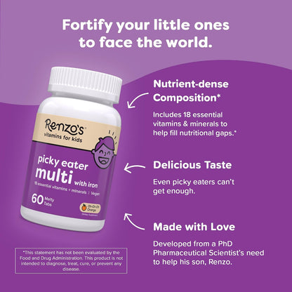 Renzo's Picky Eater Kids Multivitamin with – Vitamin C : Antioxidant that helps immunity and iron absorption. – Image 3