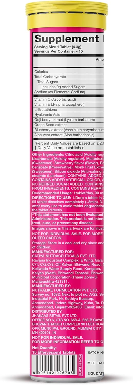 PLIX Glowy Skin 500mg Glutathione Supplement with Hyaluronic Acid, Vitamin C, E & Berries | 15 Effervescent Tablets, Strawberry Flavour - görsel 2