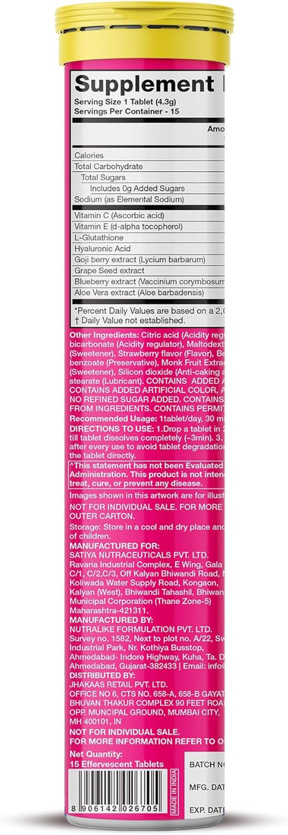 PLIX Glowy Skin 500mg Glutathione Supplement with Hyaluronic Acid, Vitamin C, E & Berries | 15 Effervescent Tablets, Strawberry Flavour
