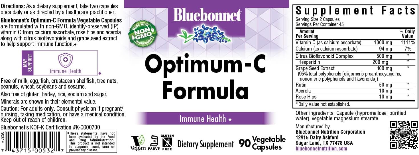 BlueBonnet Optimum C Formula – 1000 mg Vitamin C with Citrus Bioflavonoids, Grape Seed Extract, and Acerola – 90 Vegetable Capsules - görsel 3