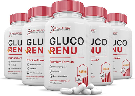 (5 Pack) Gluco Renu 688 mg Glyco Support – Hawthorn (Crataegus spp.): Traditionally used to support cardiovascular – Image 1