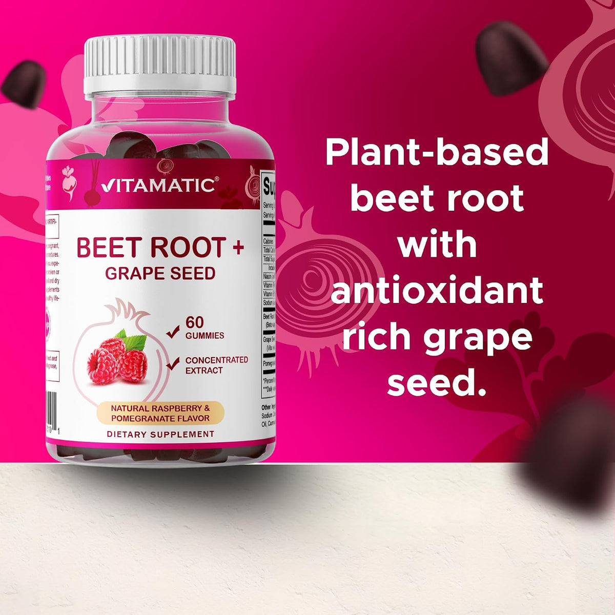 Vitamatic Beetroot Gummies with B6, B12, Grape Seed, Pomegranate & Nicotinamide - Vegan, Non-GM, 60 Count – Image 4