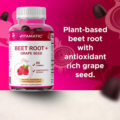 Vitamatic Beetroot Gummies with B6, B12, Grape Seed, Pomegranate & Nicotinamide - Vegan, Non-GM, 60 Count – Image 4