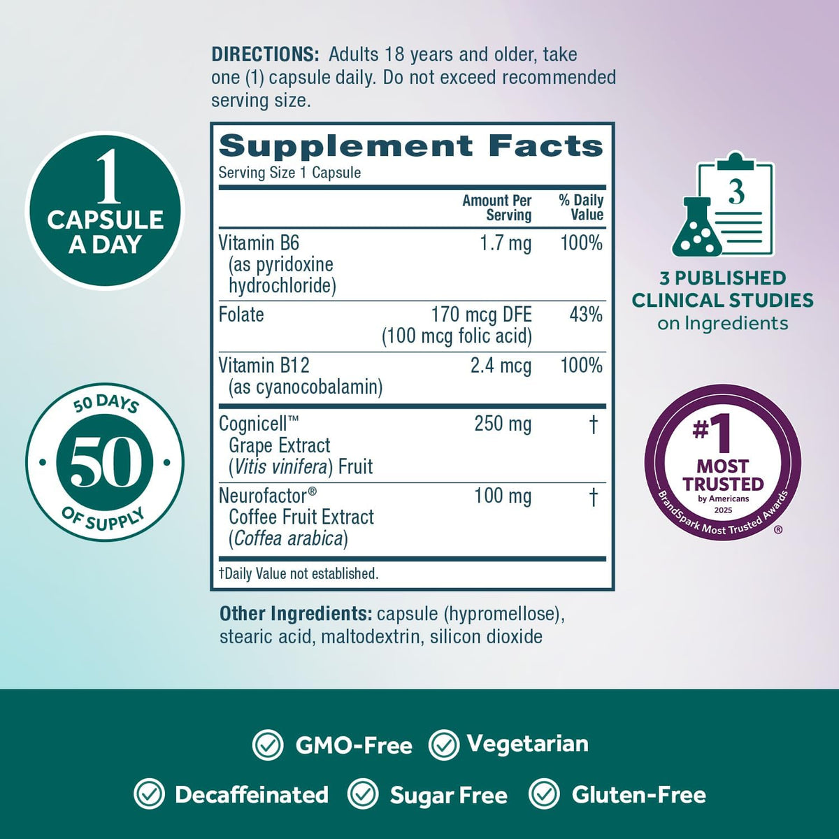 NEURIVA Memory 3D Brain Supplements for Memory and Focus, Vitamin B12 & B6, Folic Acid, 50 Capsules – Image 6
