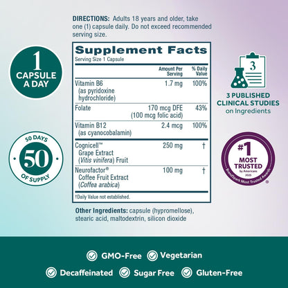 NEURIVA Memory 3D Brain Supplements for Memory and Focus, Vitamin B12 & B6, Folic Acid, 50 Capsules – Image 6
