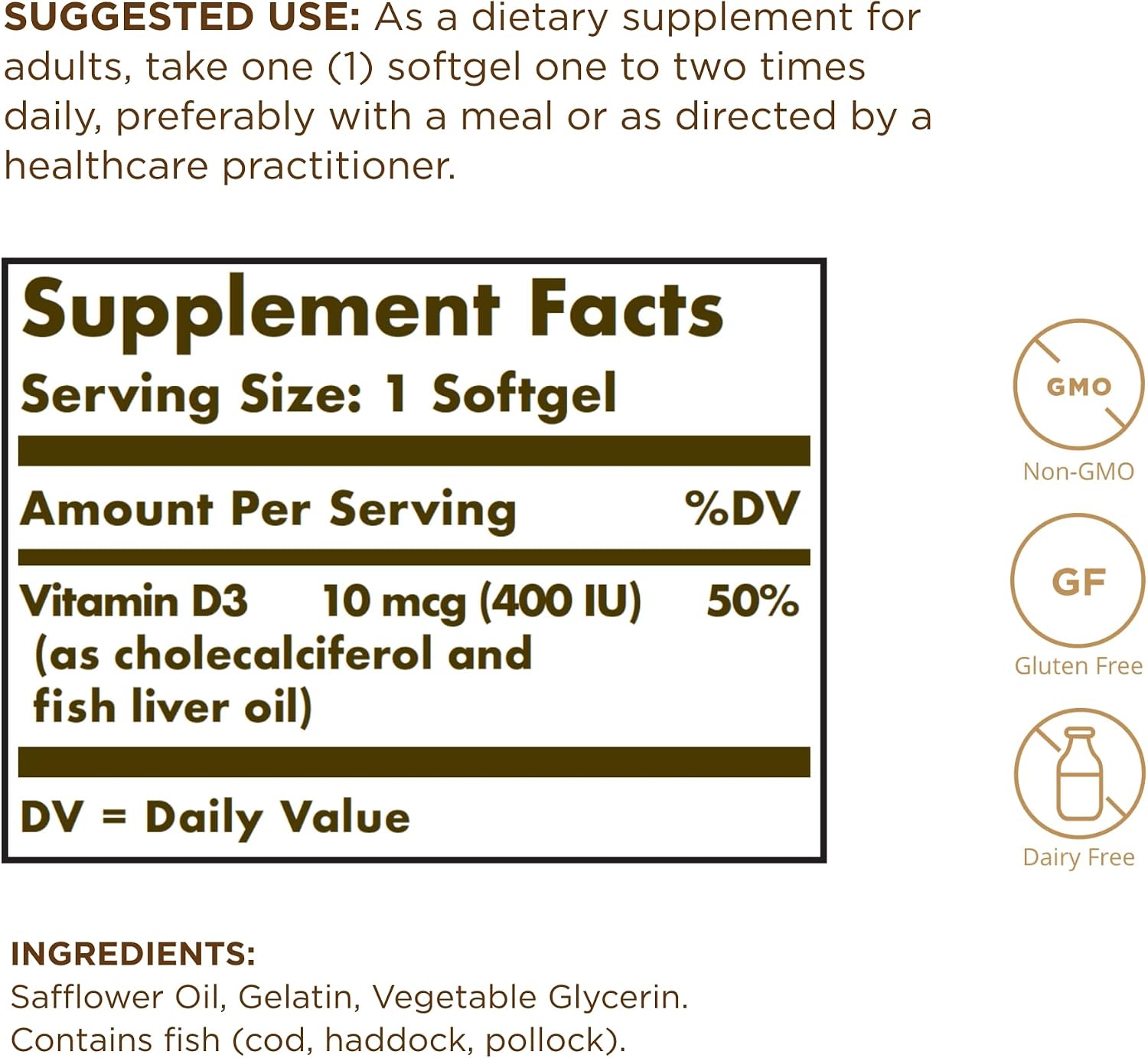 Solgar Vitamin D3 (Cholecalciferol) 10 mcg (400 IU) 250 Softgels - görsel 2