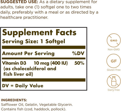 Solgar Vitamin D3 (Cholecalciferol) 10 mcg (400 IU) 250 Softgels