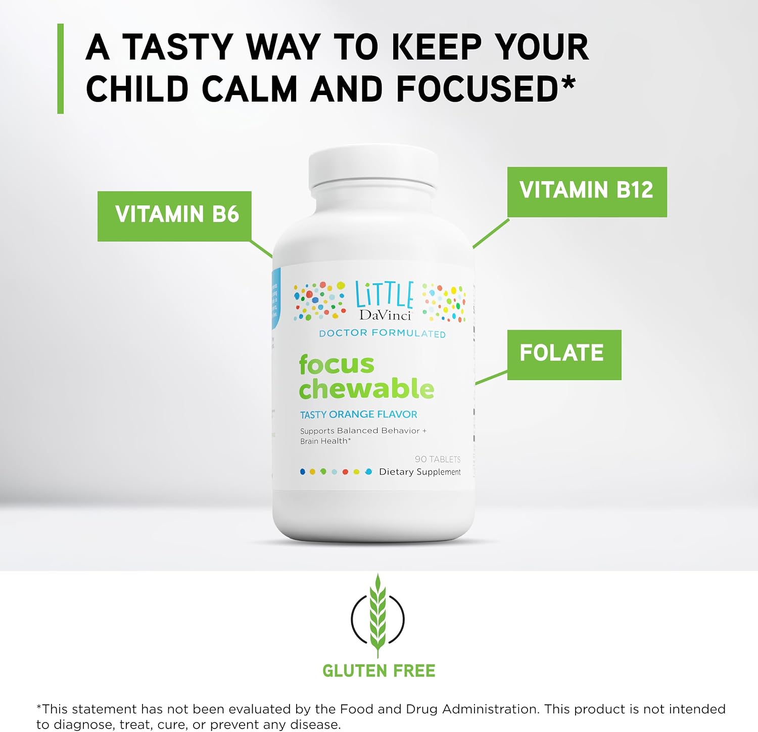 Little DaVinci Focussed Chewable - Supplement to Support Behaviour, Brain Health, and Immune Health for Kids - With Vitamin B6, Folate, Vitamin B12, and More - Orange Flavour - Sugar free - 90 Tablets - görsel 3