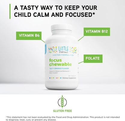 Little DaVinci Focussed Chewable - Supplement to Support Behaviour, Brain Health, and Immune Health for Kids - With Vitamin B6, Folate, Vitamin B12, and More - Orange Flavour - Sugar free - 90 Tablets