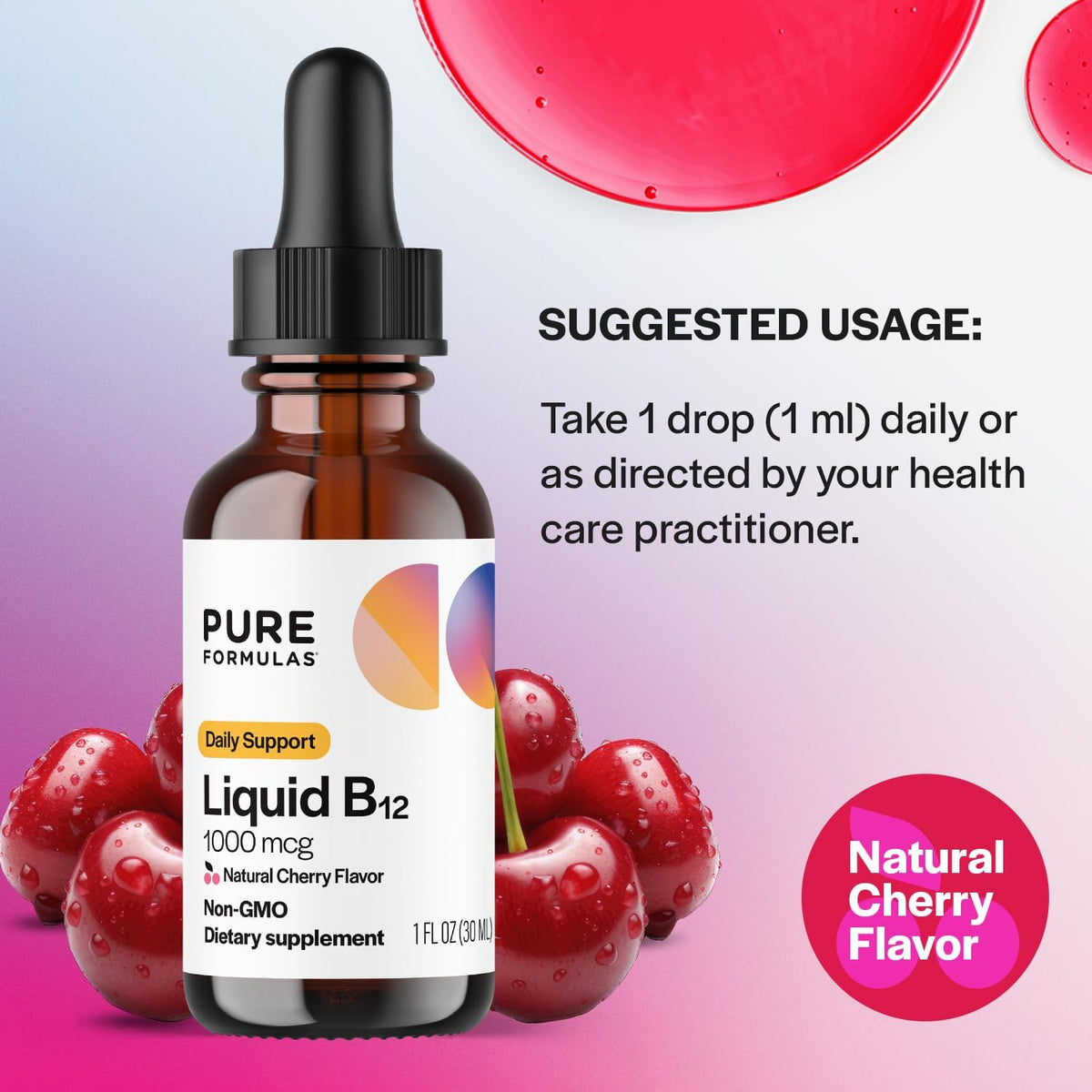 PureFormulas Liquid B12 1000 mcg – Natural Cherry Flavour Sublingual Drops, 30 mL – Image 4