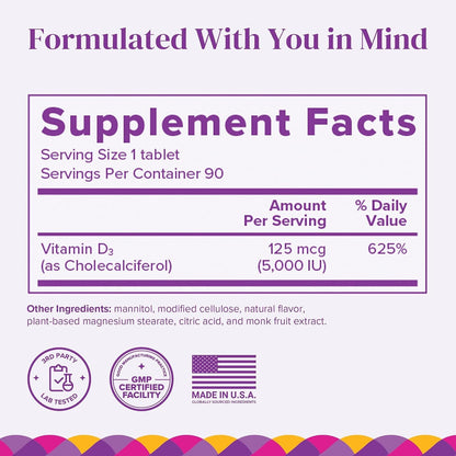 BariMelts Vitamin D3 5000 IU, 90 Fast-Dissolving Tablets (3-Month Supply), Bariatric Vitamins for Women, Natural Apple Flavour