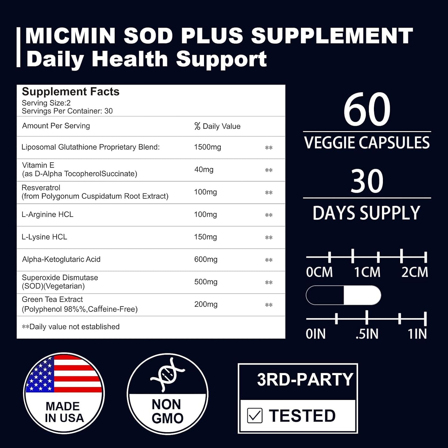 NICMIN SOD Plus 500mg – Liposomal Superoxide Dismutase with Glutathione, AKG, Green Tea Extract, L-Arginine, Lysine, Resveratrol & Vitamin E – Antioxidant Support, 120 Capsules - görsel 2