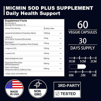 NICMIN SOD Plus 500mg – Liposomal Superoxide Dismutase with Glutathione, AKG, Green Tea Extract, L-Arginine, Lysine, Resveratrol & Vitamin E – Antioxidant Support, 120 Capsules