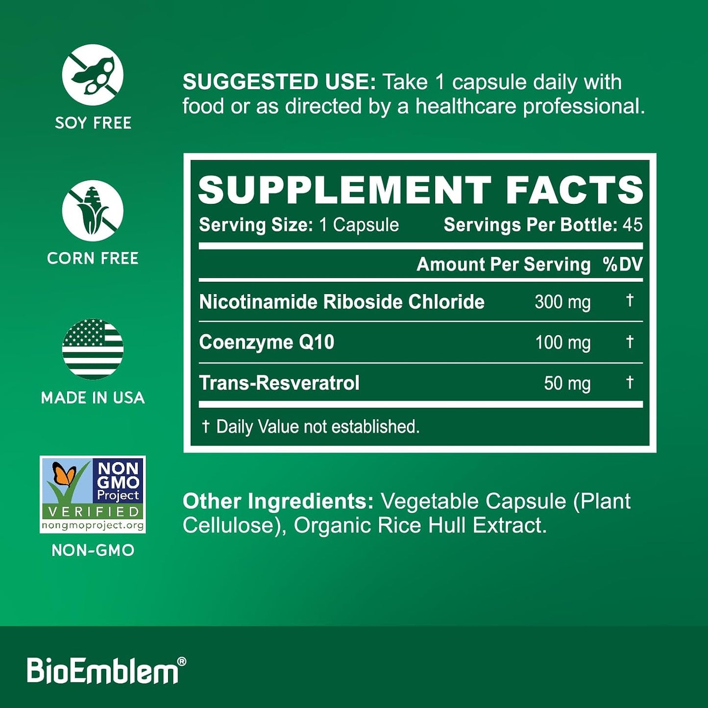 BioEmblem NAD+ Supplement | 300 mg Nicotinamide Riboside with CoQ10 & Resveratrol | Supports Healthy Ageing, Cellular Energy and Cognitive Function | Non-GM, Gluten Free - 45 Capsules - görsel 2