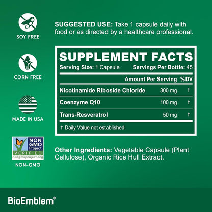 BioEmblem NAD+ Supplement | 300 mg Nicotinamide Riboside with CoQ10 & Resveratrol | Supports Healthy Ageing, Cellular Energy and Cognitive Function | Non-GM, Gluten Free - 45 Capsules