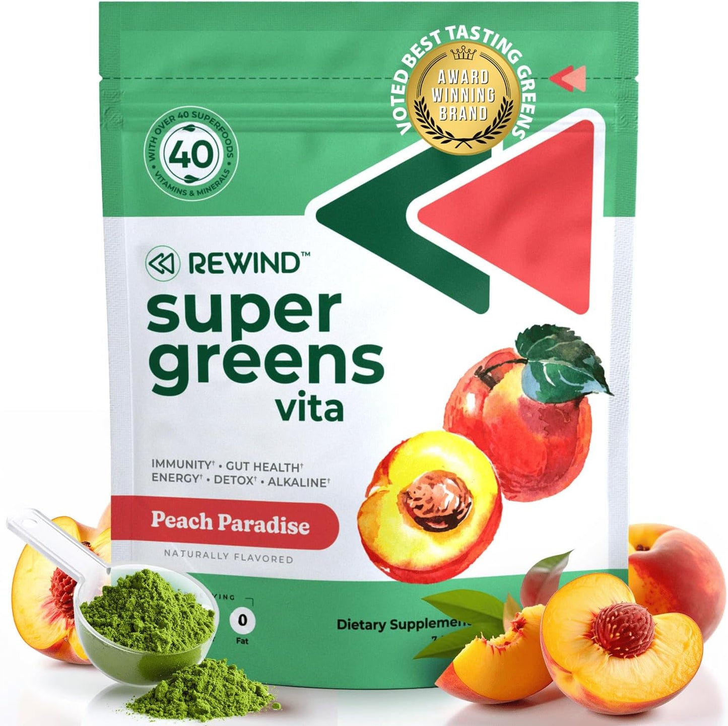 Rewind Best Tasting Super Greens Powder – Peach Flavour (40+ Superfoods, Vitamins & Minerals) - görsel 1