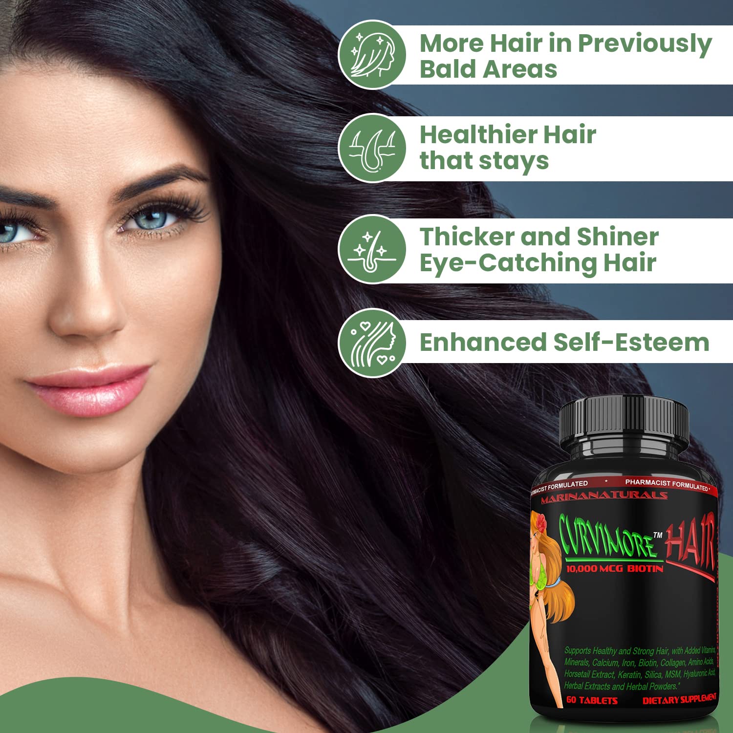 CURVIMORE Hair Growth Supplement - Biotin 10000mcg, Keratin, Collagen, Silica, Horsetail - 60 Tablets - görsel 5