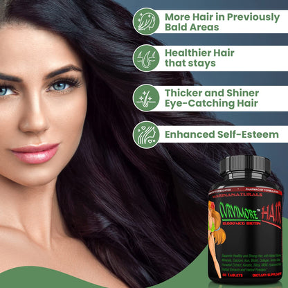 CURVIMORE Hair Growth Supplement - Biotin 10000mcg, Keratin, Collagen, Silica, Horsetail - 60 Tablets