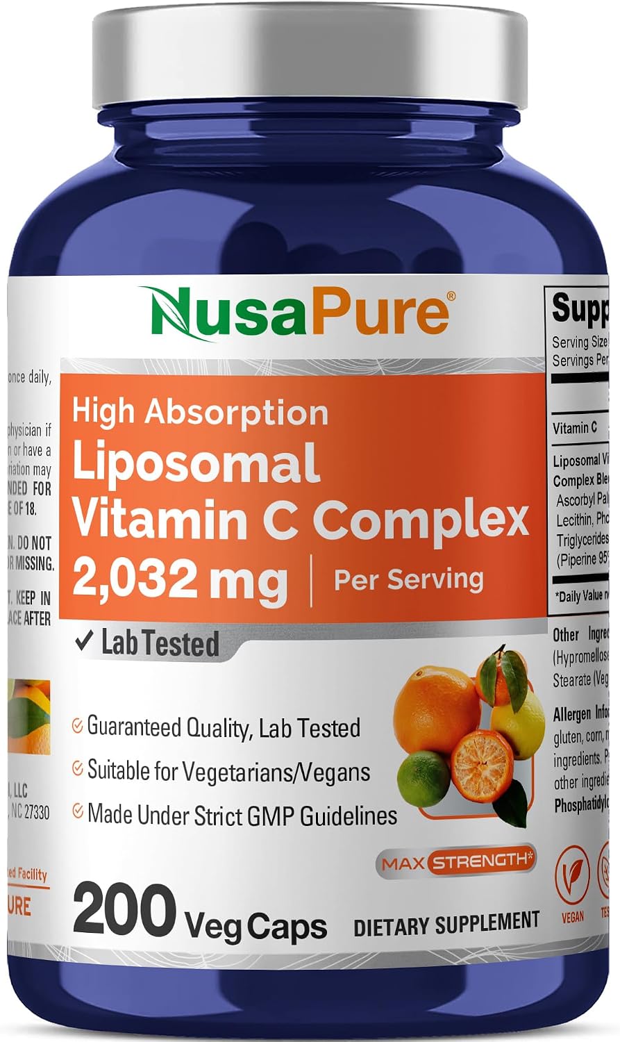 NusaPure Liposomal Vitamin C 2032mg – High Absorption Ascorbic Acid with BioPerine, 200 Vegan Capsules - görsel 1